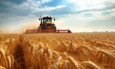 Wheat Harvesting With a Tractor Under Bright Blue Sky on a Sunny Day in the Countryside.