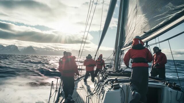 Sailing Crew Navigating Rough Seas on a Yacht, Racing in Cold Weather, Teamwork and Adventure in the Open Ocean.