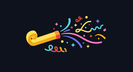 Naklejka premium Illustration of a party popper with confetti and streamers on a dark background.
