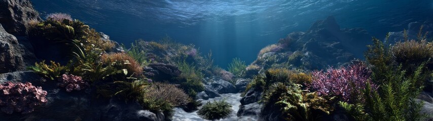 Fototapeta premium Underwater coral reef ecosystem panoramic hdri exploration vibrant marine life ocean depths serene environment