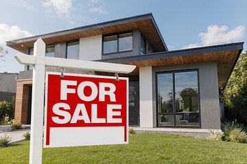 Fototapeta premium Sale sign infront of house. Concept of real estate, property market, home ownership, housing sales, real estate investment, and residential business opportunities. Real estate agencies, housing market