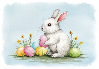 Easter Bunny and Eggs: A charming illustration captures the essence of Easter, featuring an adorable bunny surrounded by colorful eggs. Evokes the spirit of springtime and festive joy.