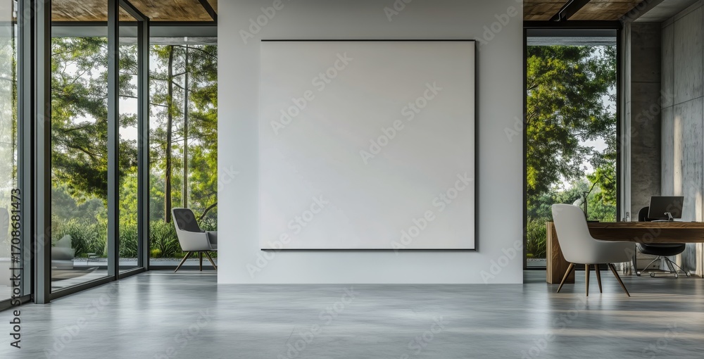Poster modern art gallery space featuring empty canvas and large windows showcasing greenery