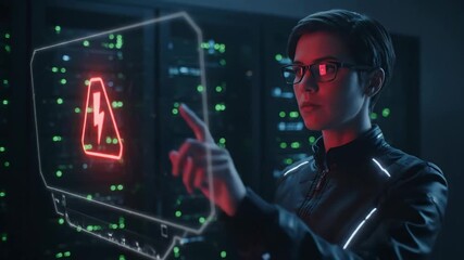 Cyber Security Alert: Female Technician Responding to Threat - A young female technician wearing glasses interacts with a digital interface displaying a critical security alert. - Powered by Adobe