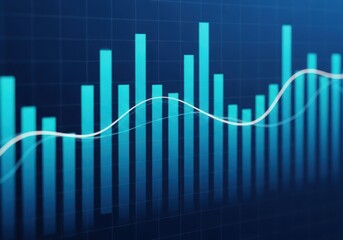 Abstract visualization of a financial stock market bar chart with a rising trend line on a dark blue background