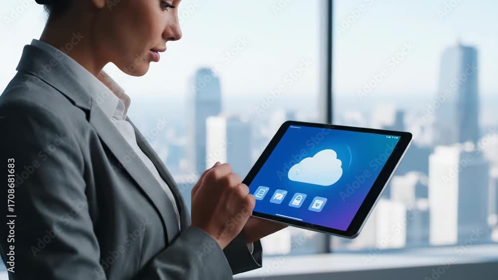 Poster secure cloud data storage on tablet - a businesswoman uses a tablet to access and manage secure clou