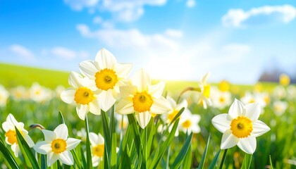 Fototapeta premium Daffodils bloom under bright sun in a field of green, blue skies above