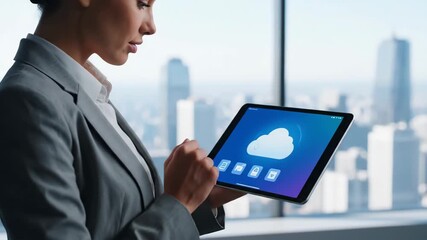 Secure Cloud Data Storage on Tablet - A businesswoman uses a tablet to access and manage secure cloud data storage and file sharing. - Powered by Adobe