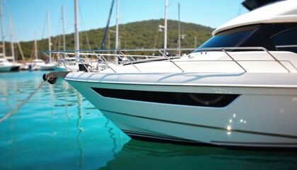 Fototapeta premium White luxury yacht with chrome railing docked in marina. Fiberglass bow reflects in turquoise water. Vessel moored with rope, surrounded by sailboats under clear blue sky. Nautical leisure, travel.