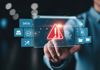 Person touching a futuristic holographic screen displaying a red warning triangle and ai data icons