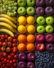 Fruits and vegetables.Colorful collage of fruits and vegetables in grid pattern.