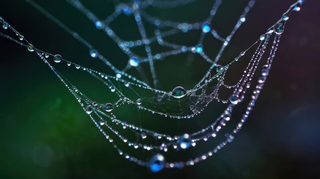 Sparkling dew drops adorn intricate spider web creating a magical, glistening natural masterpiece