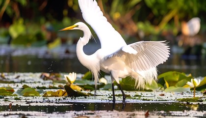 Obraz premium White egret wades in a pond, wings partially extended, amid lily pads and bokeh trees
