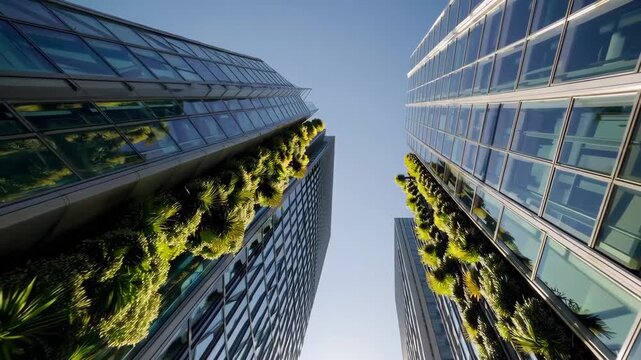Modern glass building with green plants on facade symbolizing sustainability.