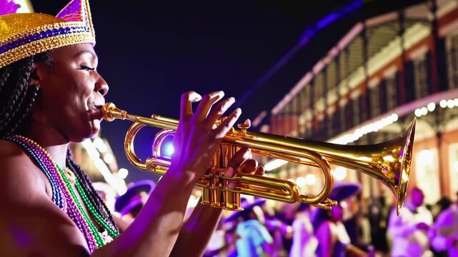 Jazz musicians performing in New Orleans Mardi Gras parade with historic French Quarter.