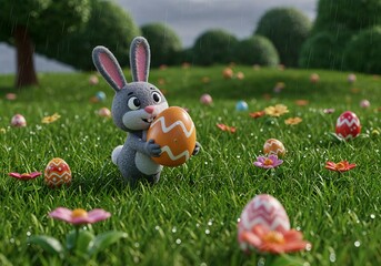 Easter Bunny's Egg Hunt in the Rain: A whimsical bunny snuggles a decorated Easter egg in a vibrant meadow amidst a gentle rain shower, evoking the warmth and charm of springtime joy.