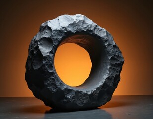 Abstract stone sculpture with circular opening. Dark grey rock object features rough, textured surface. Minimalist, geometric form with smooth interior hollow. Contrasting light, shadow play on rough