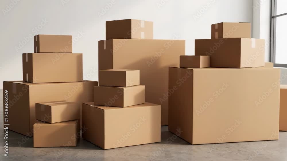 Poster cardboard boxes stacked in room - several cardboard boxes of various sizes are stacked in a room wit