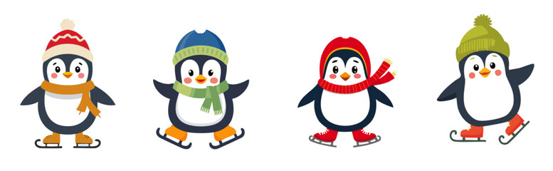 Cute ice skating penguins with hats and scarves vector illustration set. Clip art of adorable characters for winter design and clothing prints.