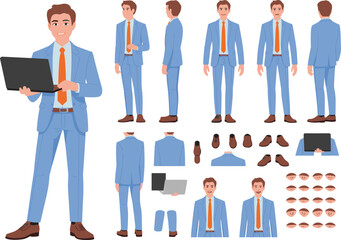 Businessman character kit, professional male in blue suit with laptop, office worker poses, facial expressions, corporate design vector illustration