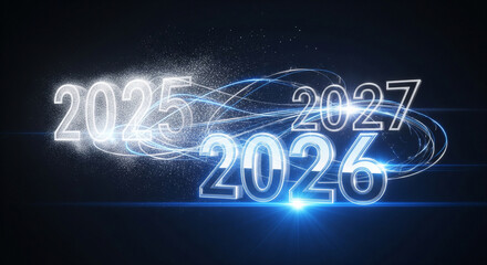 Futuristic New Year concept showing the transition from 2025 to 2026 and 2027 with glowing particles and flowing light streams on a dark background