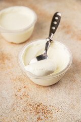 Yogurt or skyr natural dairy lactose free natural product tasty snack fresh delicious gourmet food background on the table rustic top view copy space