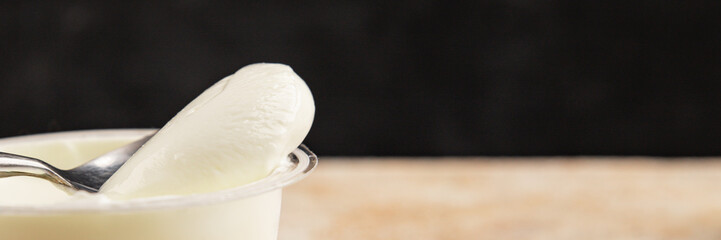 Yogurt or skyr natural dairy lactose free natural product tasty snack fresh delicious gourmet food background on the table rustic top view copy space