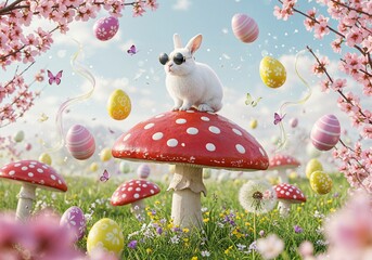 Easter Wonderland: A whimsical Easter scene unfolds with a cool bunny at the heart, donned in stylish sunglasses and seated atop a charming mushroom, surrounded by colorful eggs, blossoming flowers.