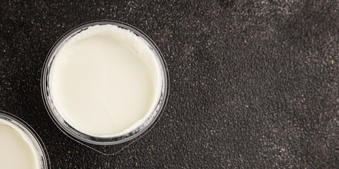 Yogurt or skyr natural dairy lactose free natural product tasty snack fresh delicious gourmet food background on the table rustic top view copy space