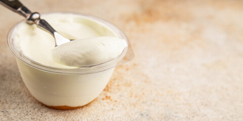 Yogurt or skyr natural dairy lactose free natural product tasty snack fresh delicious gourmet food background on the table rustic top view copy space