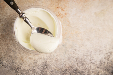 Yogurt or skyr natural dairy lactose free natural product tasty snack fresh delicious gourmet food background on the table rustic top view copy space
