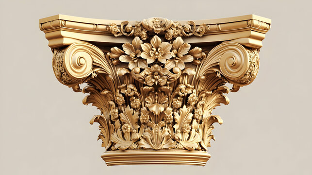 Intricately designed golden corinthian column capital for classical architecture