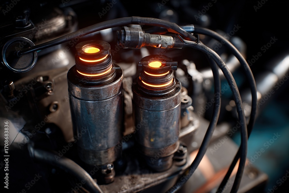 Poster close-up view of glowing engine components during car maintenance in a workshop setting
