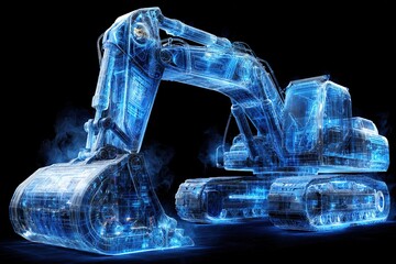 Advanced blue hologram of a construction excavator highlighting technology and machinery in a futuristic setting