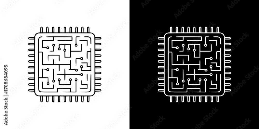 Poster maze shaped like a microchip on transparent and black background, artificial intelligence, outline i