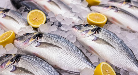 Seafood counter with fresh fish on ice, lemon wedges beside