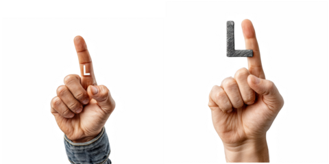 Close-up image of two hands forming the letter L using sign language isolated on white background