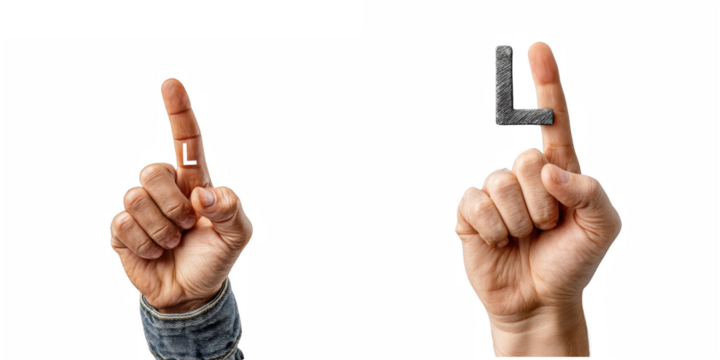 Close-up image of two hands forming the letter L using sign language isolated on white background