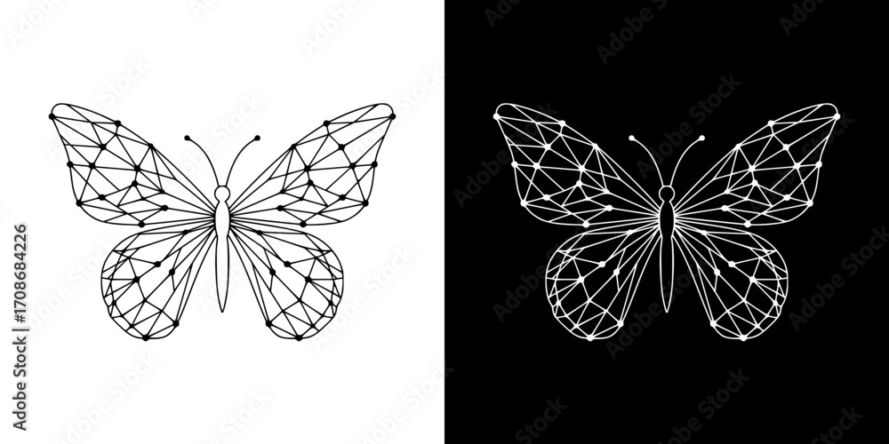 Poster butterfly with wings made of network lines on transparent and black background, artificial intellige