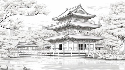 Elegant asian pagoda landscape drawing