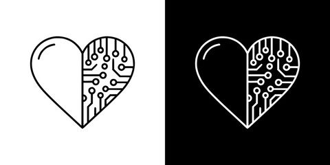 Heart half organic, half circuit board on transparent and black background, artificial intelligence, outline icon  