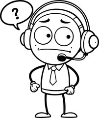 Confused cartoon character wearing headset and tie with question mark silhouette
