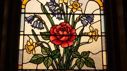 Colorful Floral Stained Glass Window Panel - A close-up shot of a stained glass window panel depicting a vibrant bouquet of flowers, including a prominent red rose, bluebells, and daffodils. - Powered by Adobe