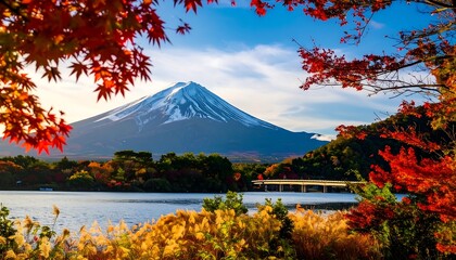 Scenic autumn view of a snowy mountain framed by colorful red foliage over a calm lake