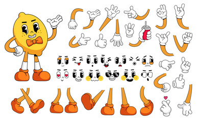 Retro groovy lemon mascot constructor kit. Funky 60s 70s fruit character with cute comic faces, funny poses, gestures, emotions vector set