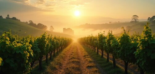Naklejka premium Vineyard rows bathed in golden sunlight breaking through morning fog. Green grapes, rustic charm, distant castle create picturesque landscape. Warm glow illuminates scene, offering serene, tranquil