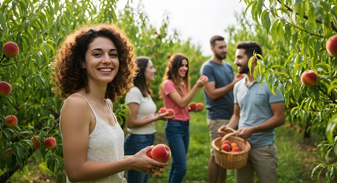 Group of friends picking peaches in an orchard on a sunny day with a woman smiling at the camera
