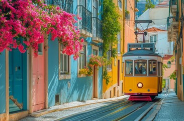 Obraz premium Colorful Tram Travels Through Charming Street in Lisbon With Blooming Flowers