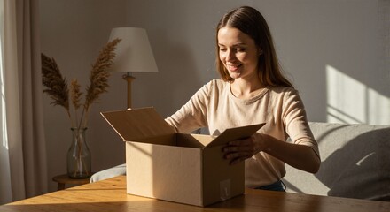 Woman unboxing package with smile at home in natural light