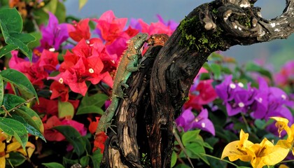 Two lizards on a weathered tree trunk amidst vibrant bougainvillea